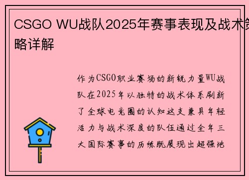 CSGO WU战队2025年赛事表现及战术策略详解